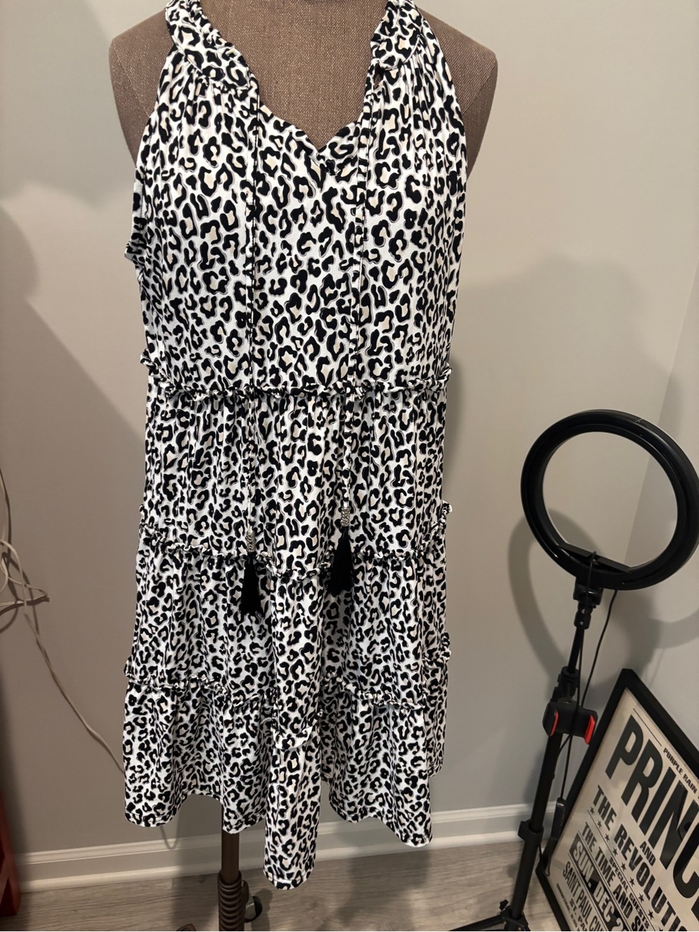 NWT Women’s Black and White Leopard Print Tiered Sundress Small